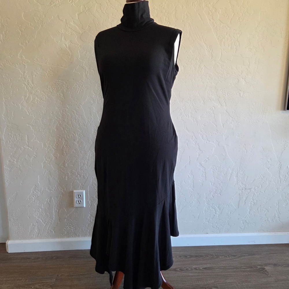 Karl Lagerfeld Mock Neck Asymmetrical Midi Dress Women's Size 14 Black